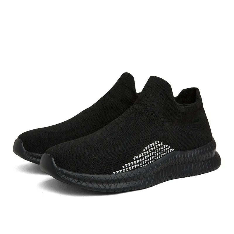 Men's Popcorn Flyknit fabric casual sneakers in white, black, and blue colours with round toe
