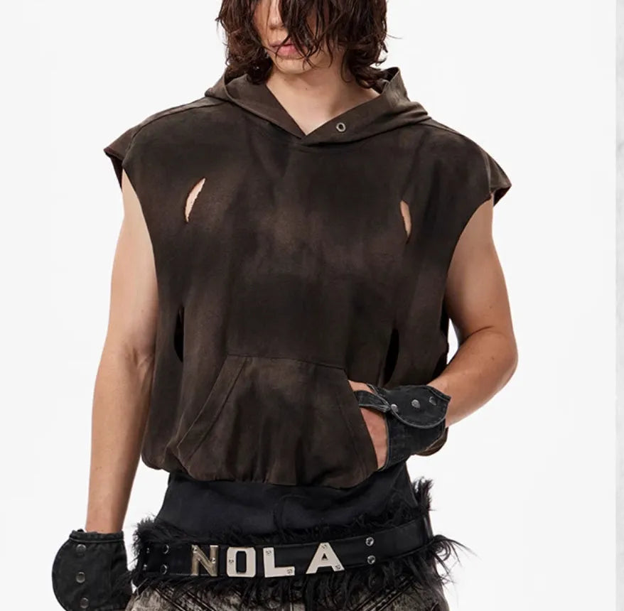 Men's khaki cotton short hood vest with short sleeves on mannequin
