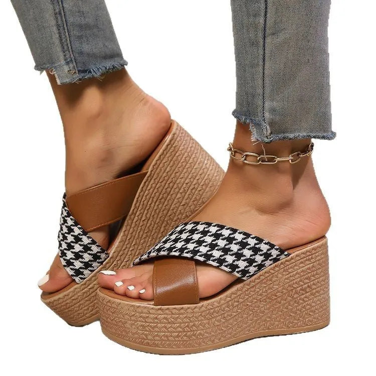 Cross leopard plaid wedge sandals in black and brown colour options with rubber soles