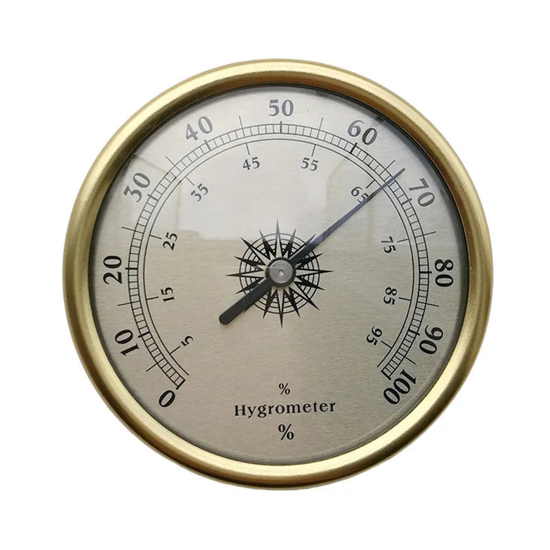 Analogue thermometer and hygrometer with silver aluminium dial and outer ring.