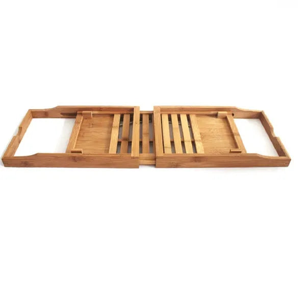 Bamboo bathtub storage frame for bathroom organisation with single-tier desktop design
