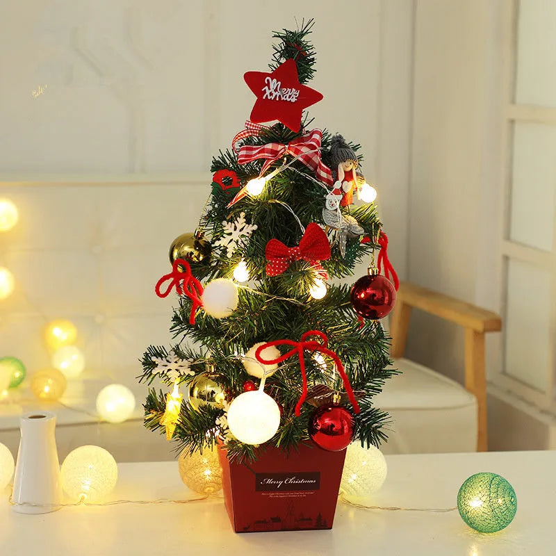 50cm gold miniature Christmas tree with LED lights and elf dolls on office desk