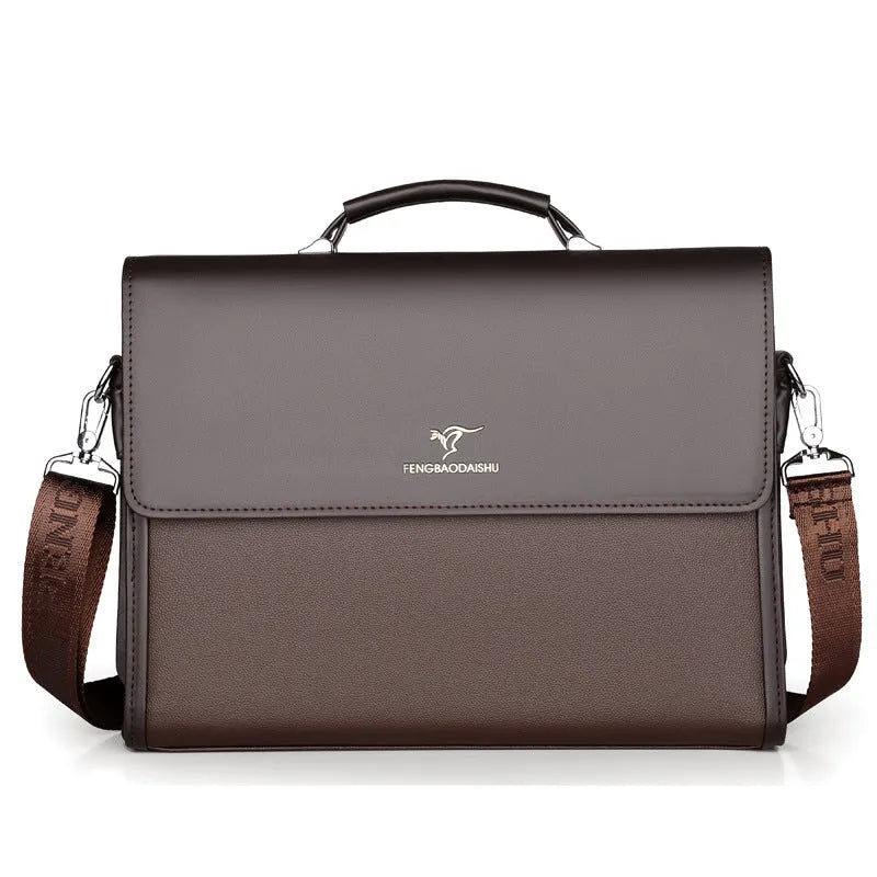 Men's horizontal PU leather waterproof briefcase in black, designed for business commute