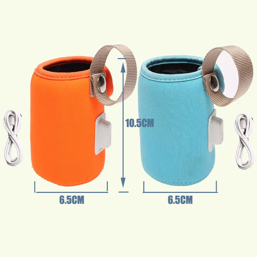Orange and blue USB-powered baby bottle warmer sleeve with cotton fabric and PC materials