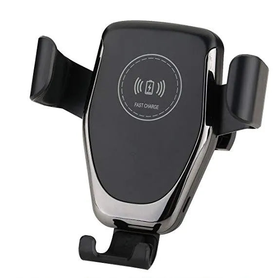 Black car wireless charger mounted on vent, holding iPhone with automatic support arms visible