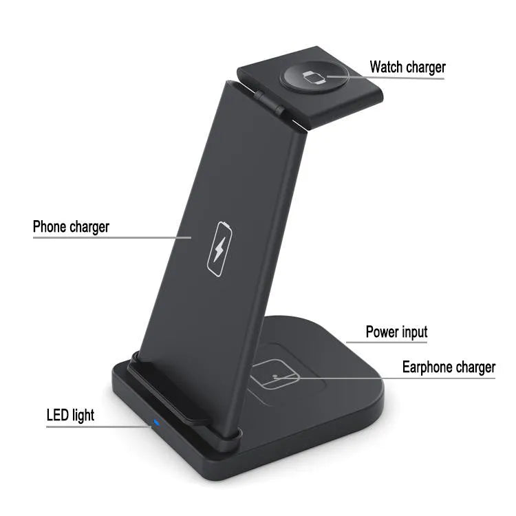 Black foldable 3-in-1 wireless charger for phone, watch and headphones showing compact size