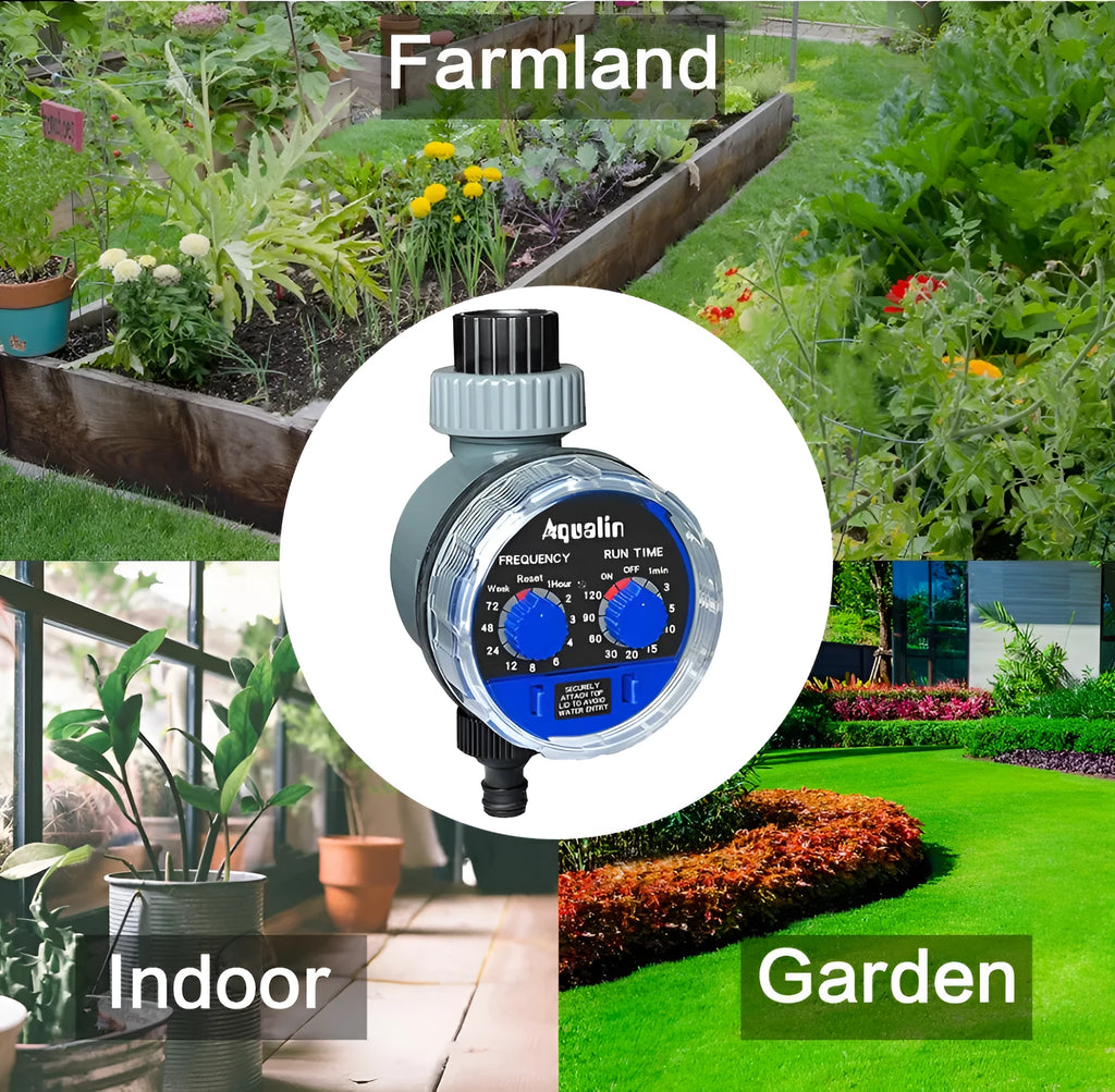 Automatic watering timer device with ball valve for garden faucet connection