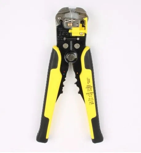 Yellow automatic 3-in-1 wire stripper crimper cutter tool for electrical work on 4-24 AWG wire
