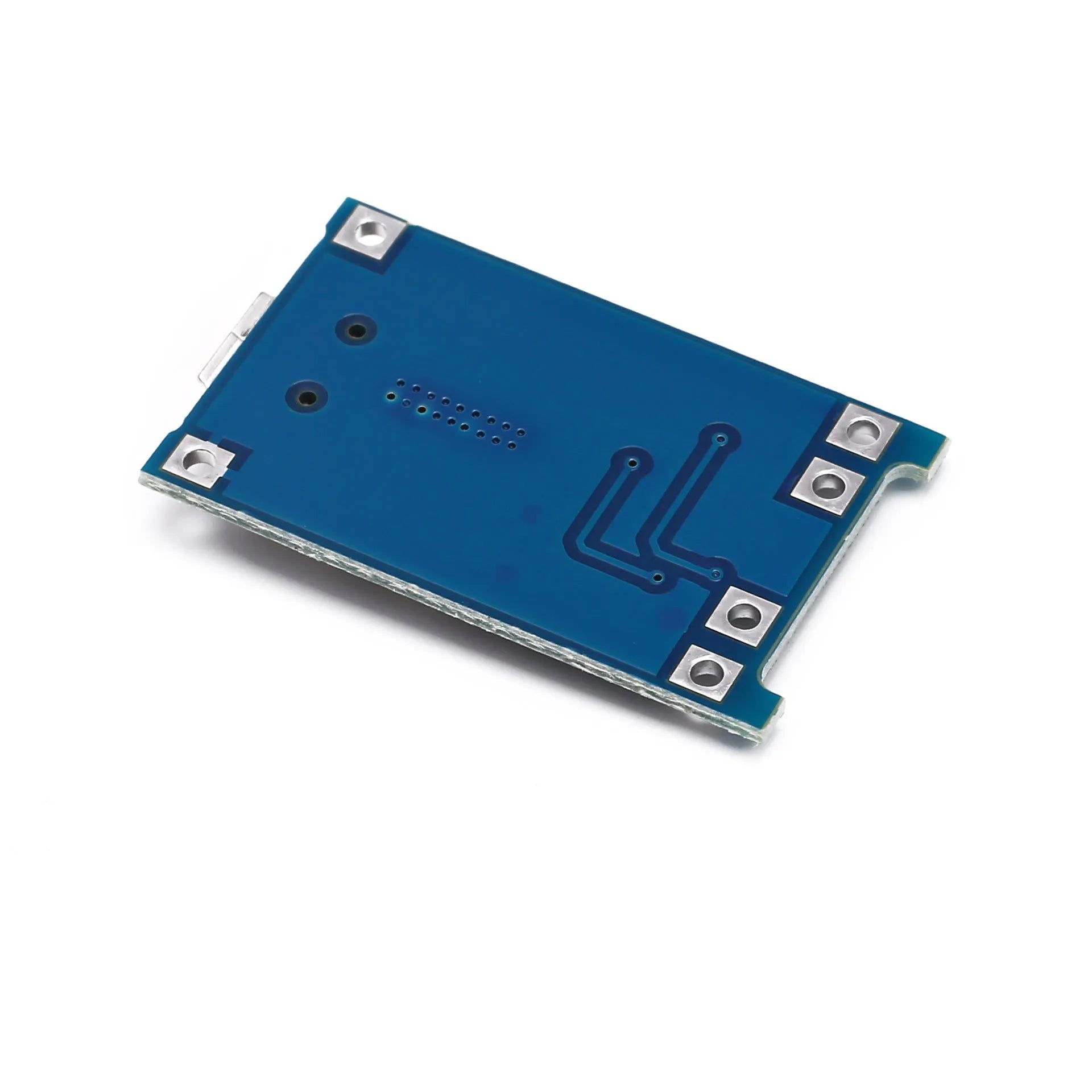 Small blue PCB for lithium battery charging and protection, showing component layout.
