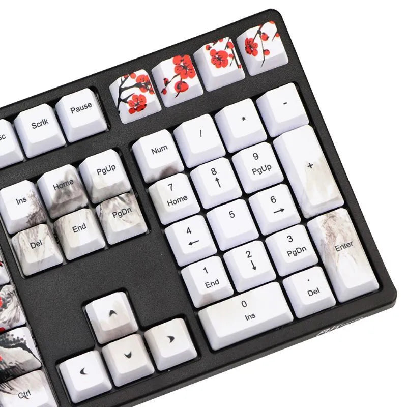 PBT Wangjiang plum blossom design keycap set for mechanical keyboards, showing Korean and Japanese legends.