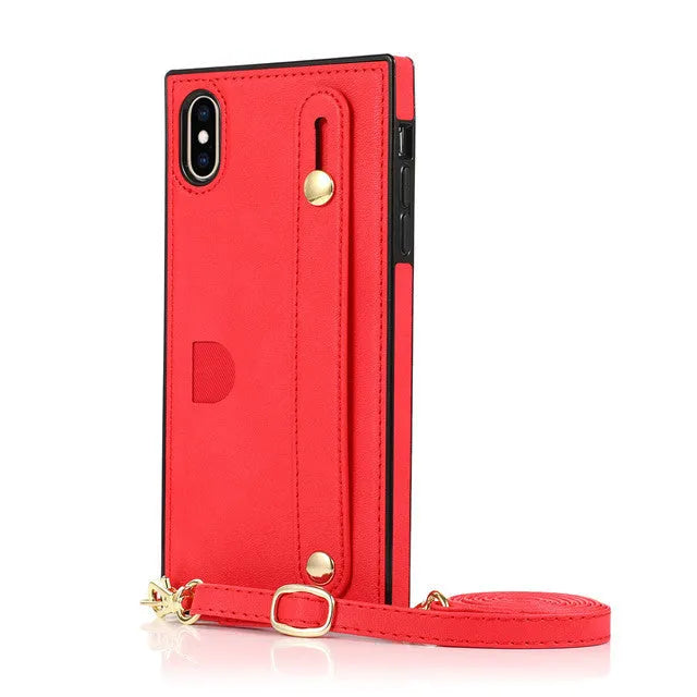 Leather phone case with card holder slots and wrist strap for iPhone models