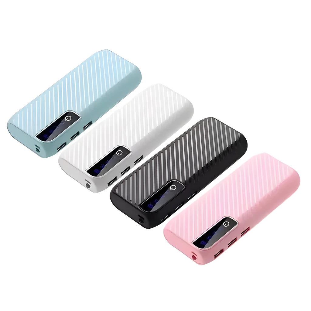 Compact 20000mAh mini portable power bank in black showing USB ports and dimensions.