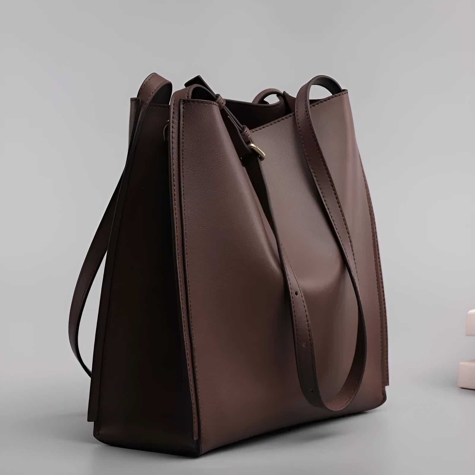 Brown genuine leather women's shoulder bag with double straps and multiple internal compartments