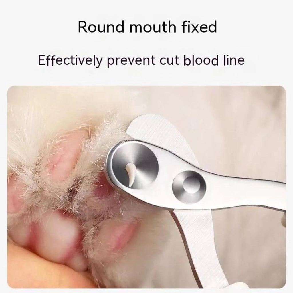 Blue pet nail clippers with a circular guide hole and cushioned handles on a white surface.