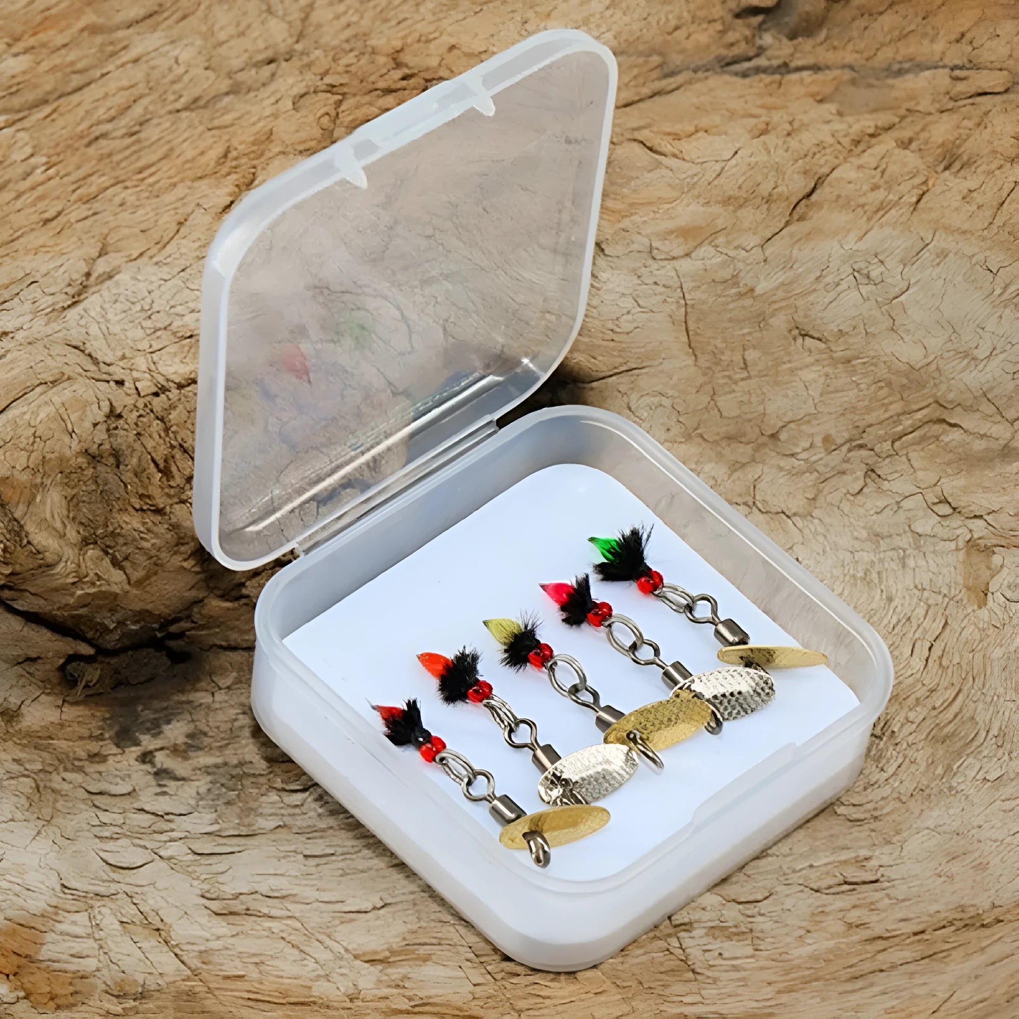 Five bionic poisonous mosquito fishing hooks with spinning sequins in multicolour designs