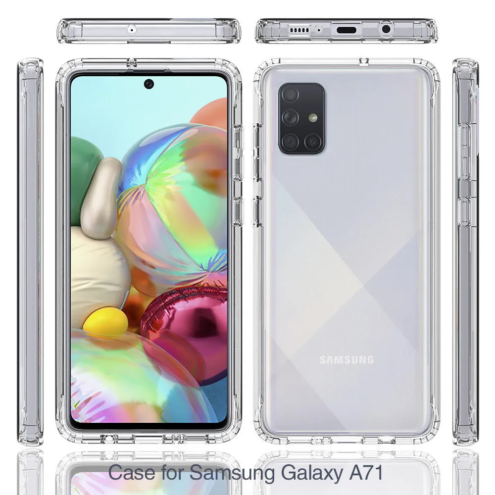 Transparent all-inclusive mobile phone case for Samsung Galaxy phones on a table.