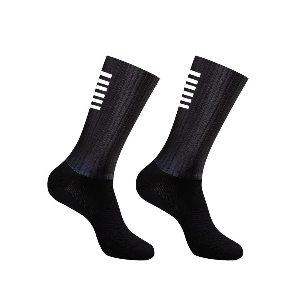Pair of athletic socks for cycling and running in a chemical fibre blend, shown in one of six available colours.