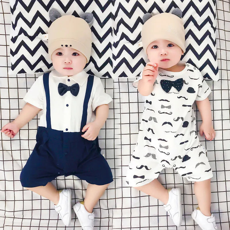 Cotton baby bow gentleman climbing suit with buckle closure short sleeves in thin style