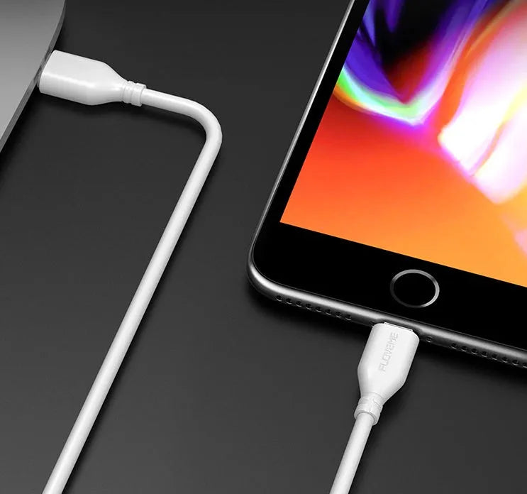White nylon braided USB-C to Lightning charging cable for iPhone and iPad.
