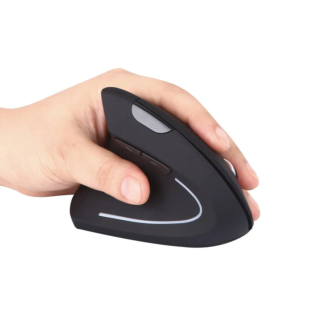 Left hand vertical wireless mouse in black ergonomic design with thumb buttons
