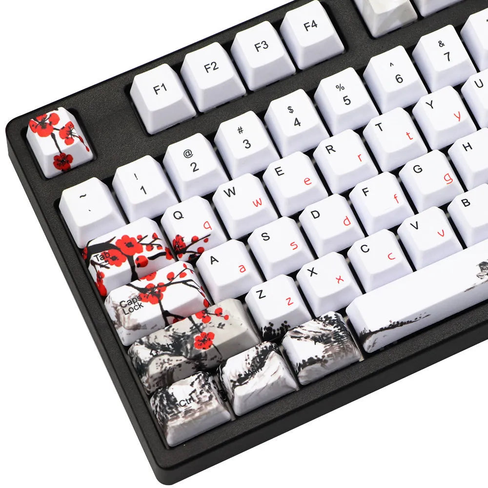 PBT Wangjiang plum blossom design keycap set for mechanical keyboards, showing Korean and Japanese legends.