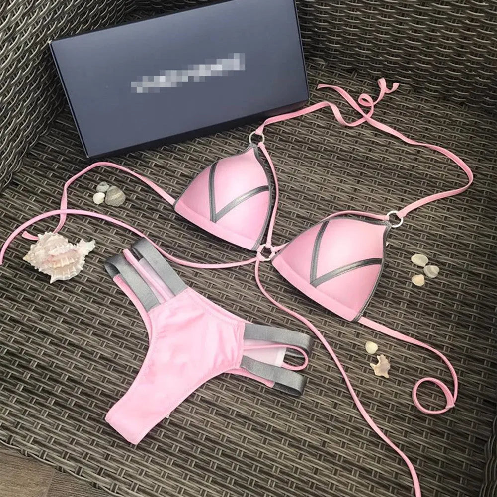 Women's bronzing bikini top and bottom set on a mannequin, showing adjustable straps.