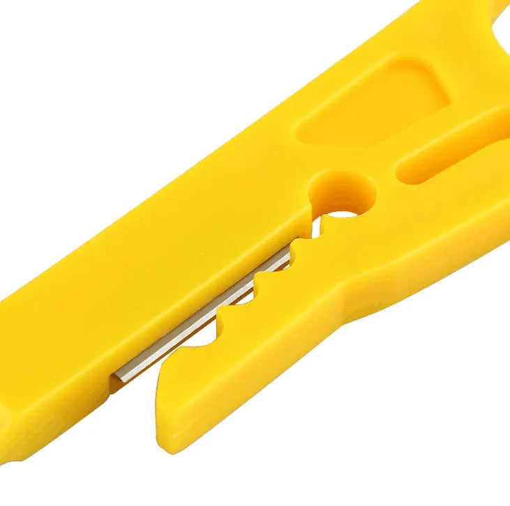 Yellow mini portable wire stripper with 0.6mm stripping diameter and snap-in metal blade holder