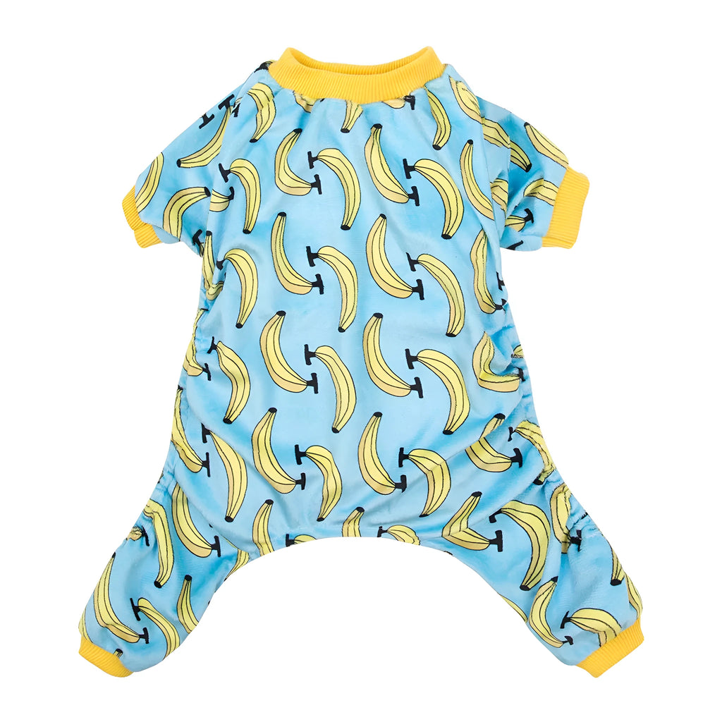 Polyester four-legs pet dog pajamas in Blue banana print, sizes XS to L, with cm measurements for collar, bust, and back length