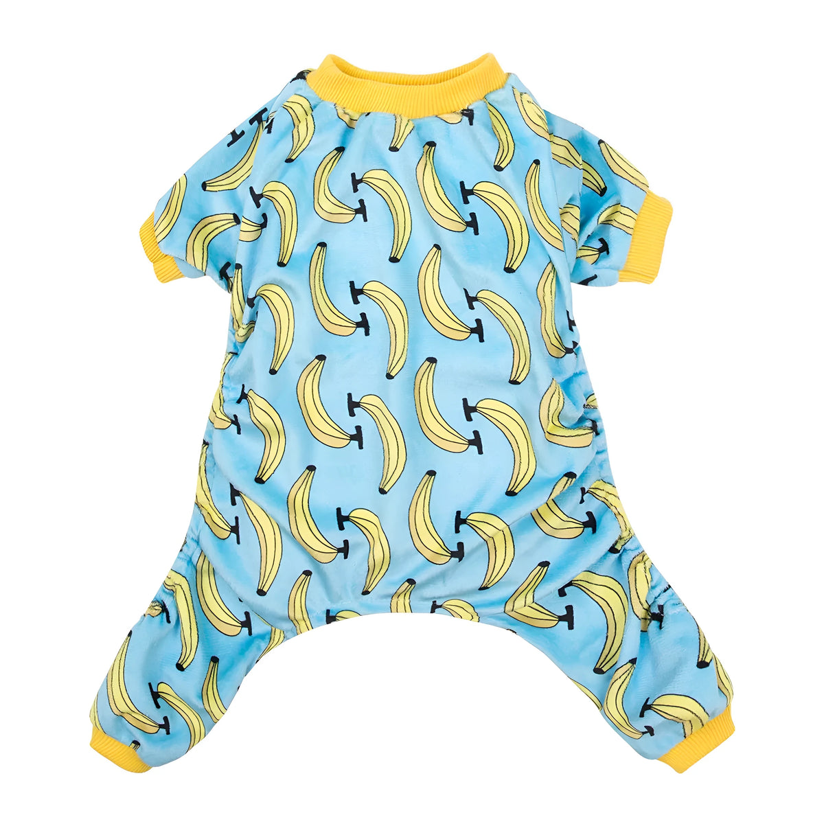 Polyester four-legs pet dog pajamas in Blue banana print, sizes XS to L, with cm measurements for collar, bust, and back length