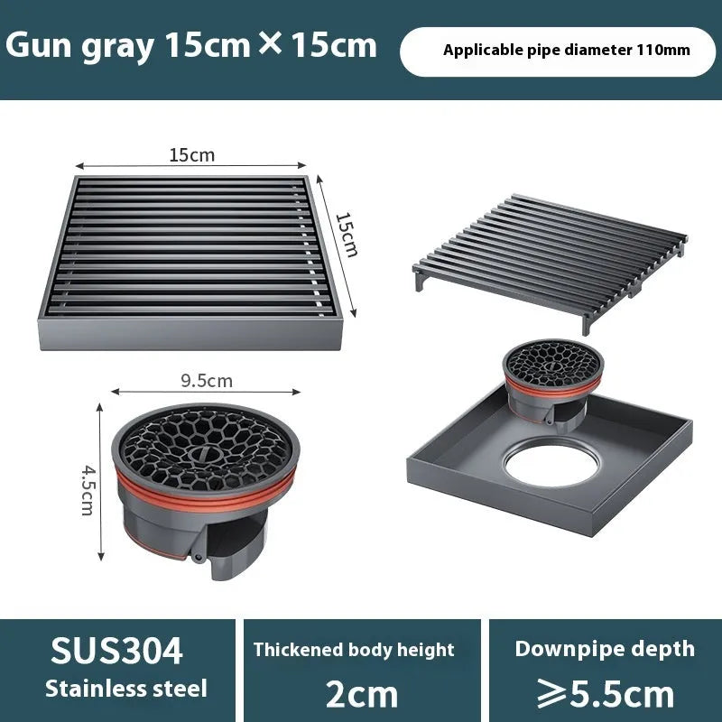 Gun grey 15cm square 304 stainless steel courtyard deodorant floor drain with visible ABS plastic core