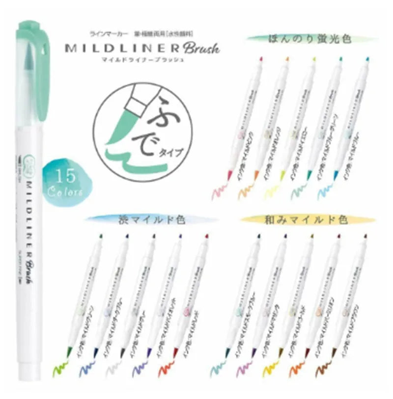 Double-sided water-based highlighter pen with soft and round tips on a diary page.