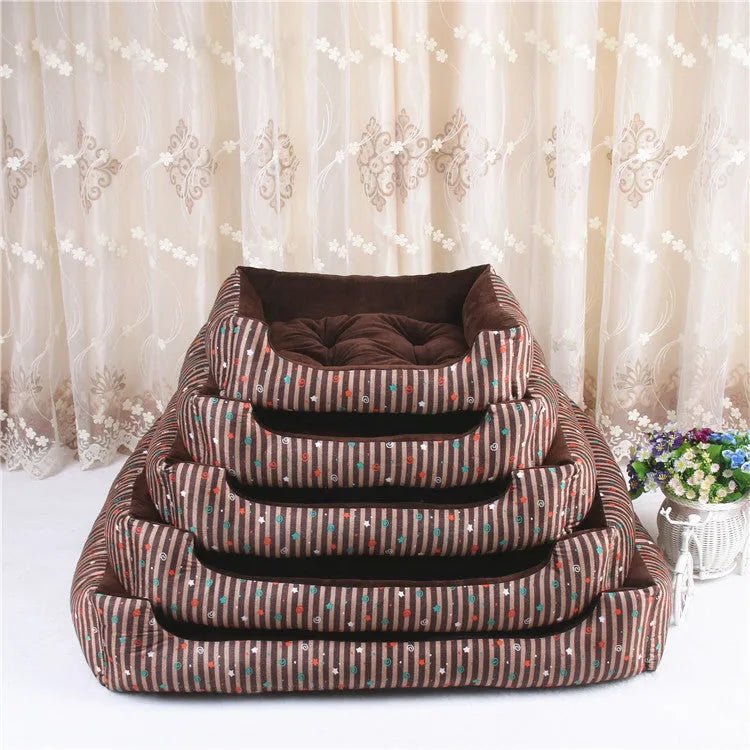 Round cloth pet bed for dogs or cats with a removable cover, shown in a striped colour pattern.
