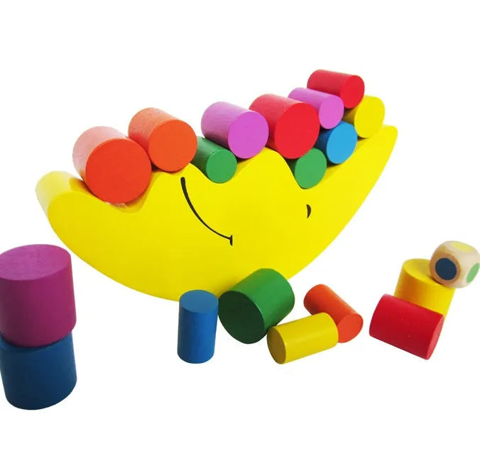 Wooden Moon balance toy in blue and yellow colours for toddlers aged 2-4 years
