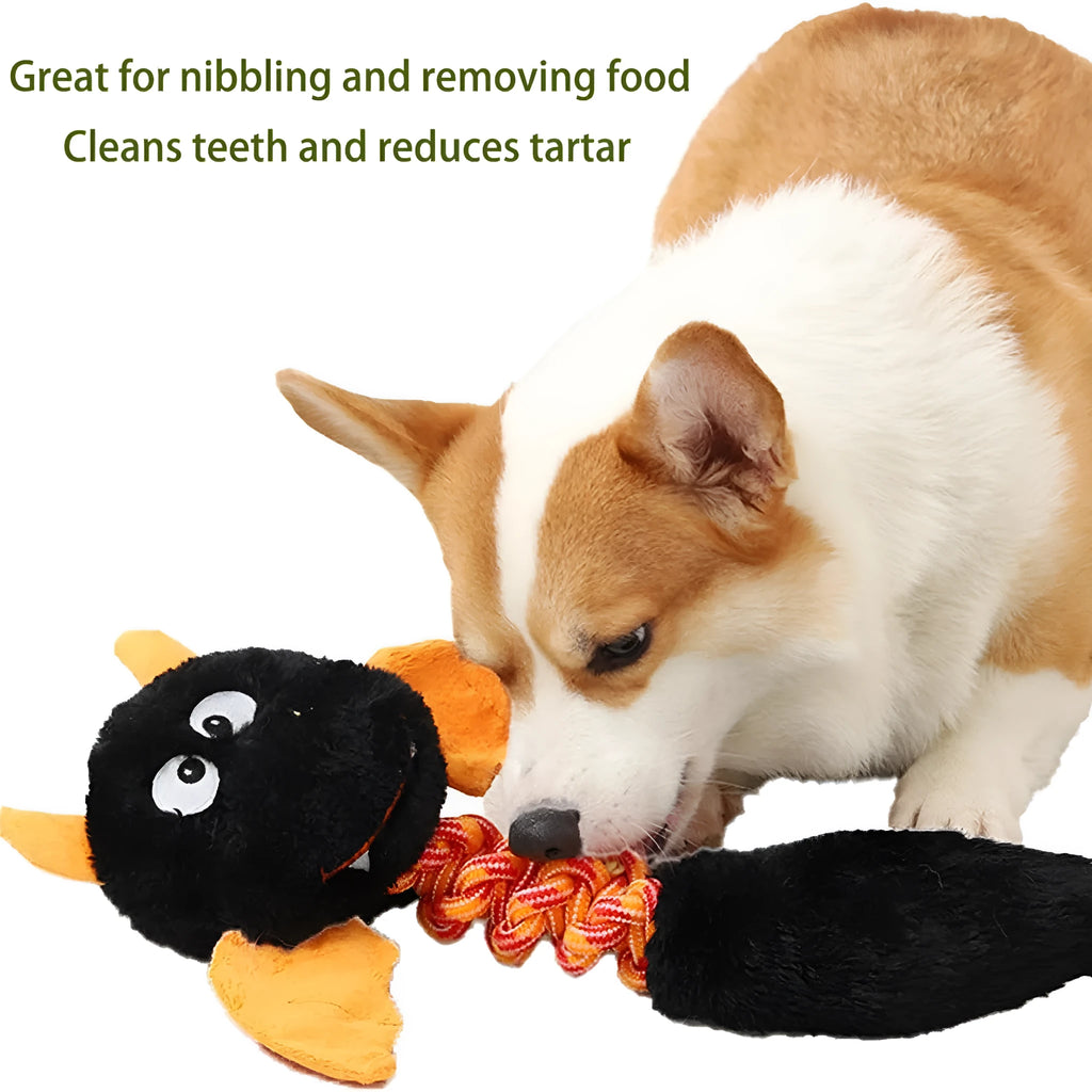Large black, green, or red plush dog toy with cartoon design, measuring 44cm, featuring a squeaker and rope knot.