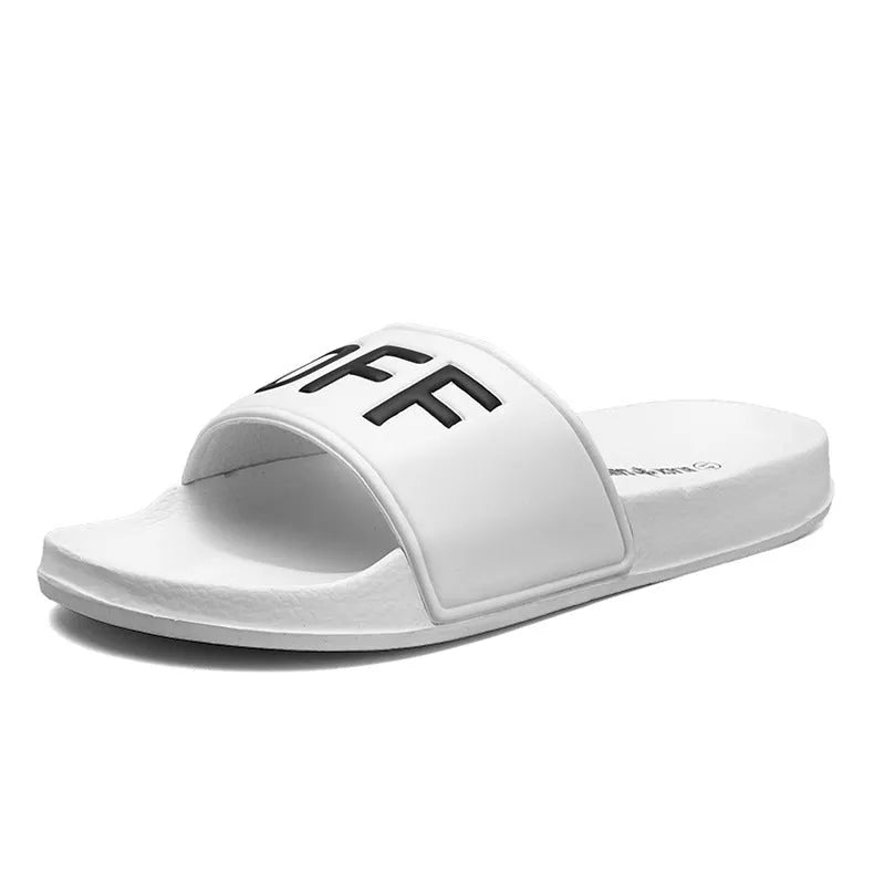 Men's large black and white open-toe personalised slippers with rubber soles on a plain background.