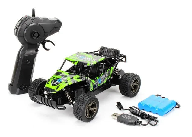 Blue 1:18 scale remote control drift car with 2.4GHz transmitter on a hard surface