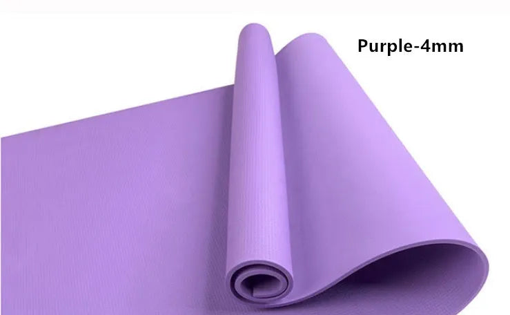 Red EVA fitness yoga mat with rolled edge showing thickness, alongside a blue mat and OPP storage bag.