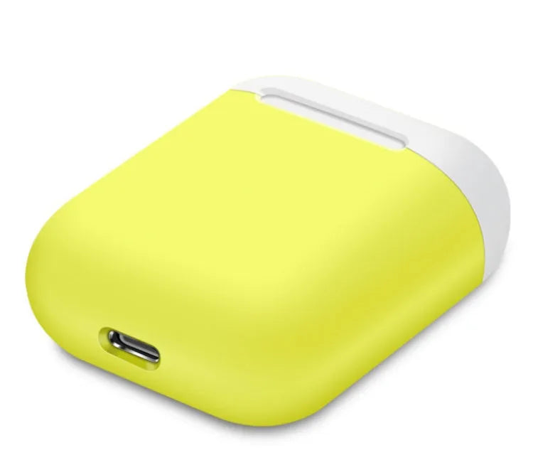 Split-shell silicone protective case for Apple AirPods charging box in a selection of colours on a plain background.