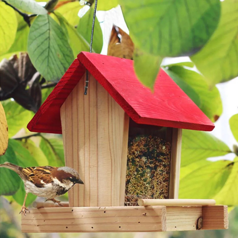 Suspended rain-proof bird feeder with red roof and log texture design