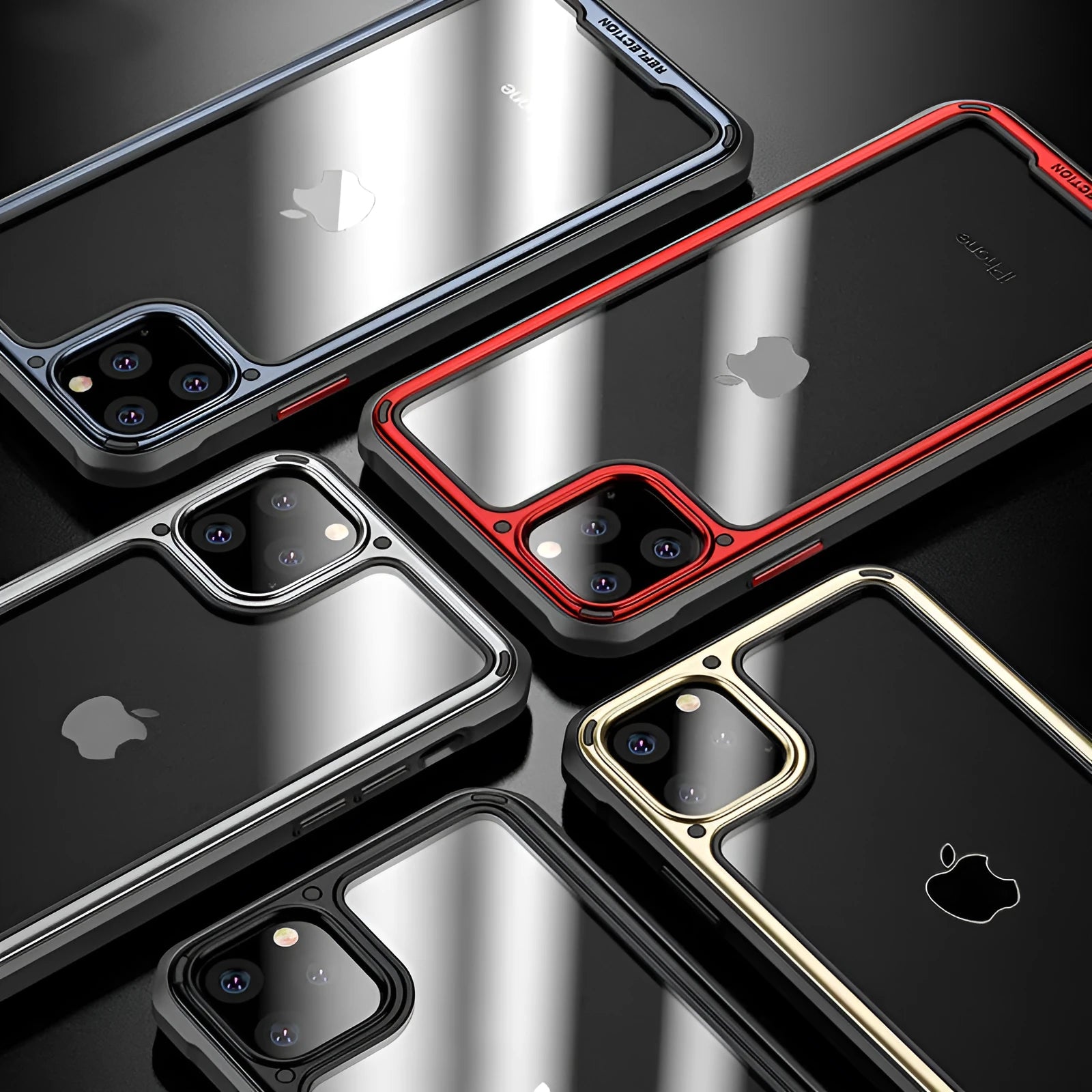 Transparent iPhone 11 case in six colour options showing TPU and PU construction