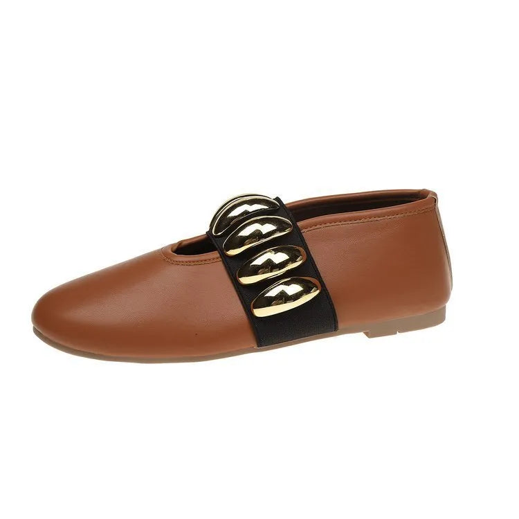 Women's brown flat slip-on loafers with round toe, metal buckle and sequin detail, sizes 36-43
