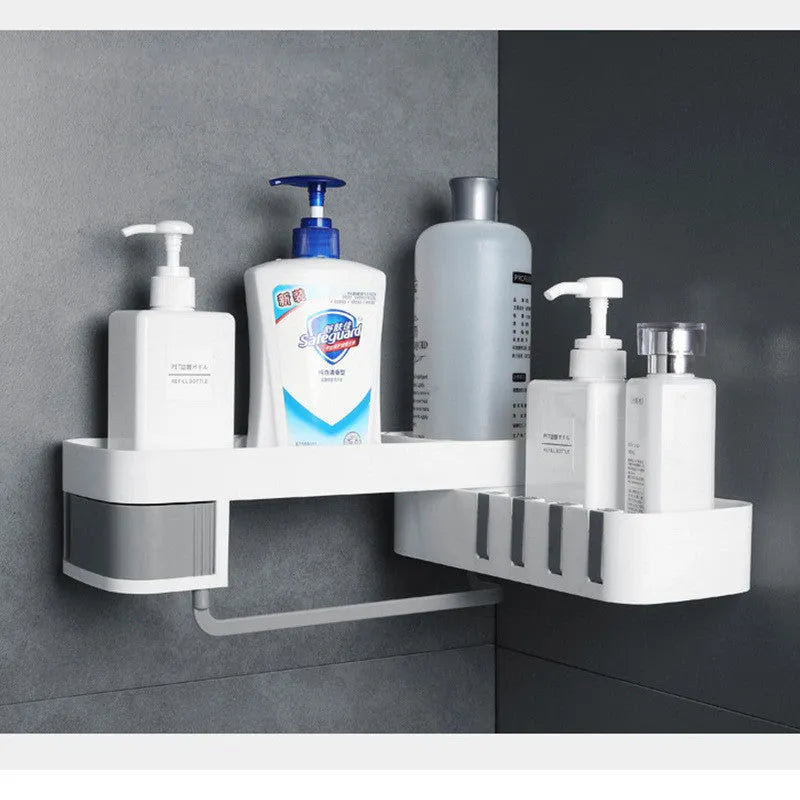 Plastic bathroom corner shelf wall-mounted in black and white design for toiletries storage
