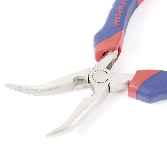 Blue handled curved nose pliers with tapered jaws for precision electronics and jewellery work