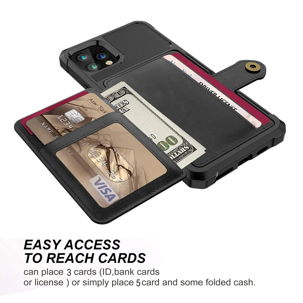 Imitation leather iPhone case with a rear card wallet pocket, shown in black, blue, green, pink, and red colours.