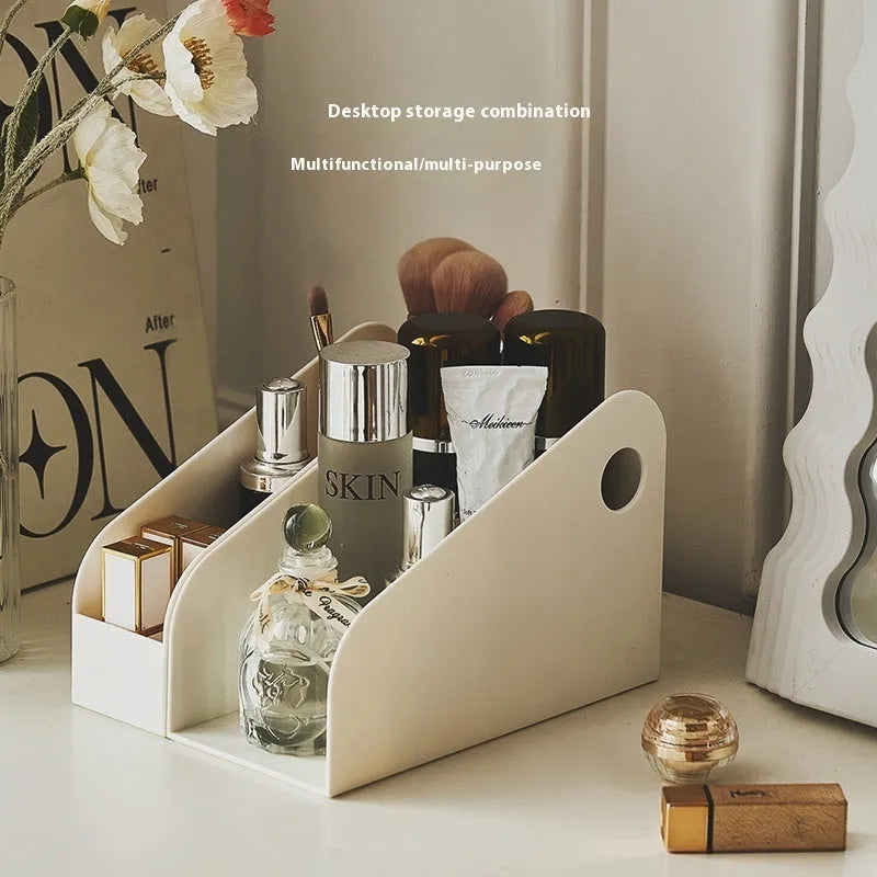 Desktop plastic storage box with two-layer grid design in ivory white colour