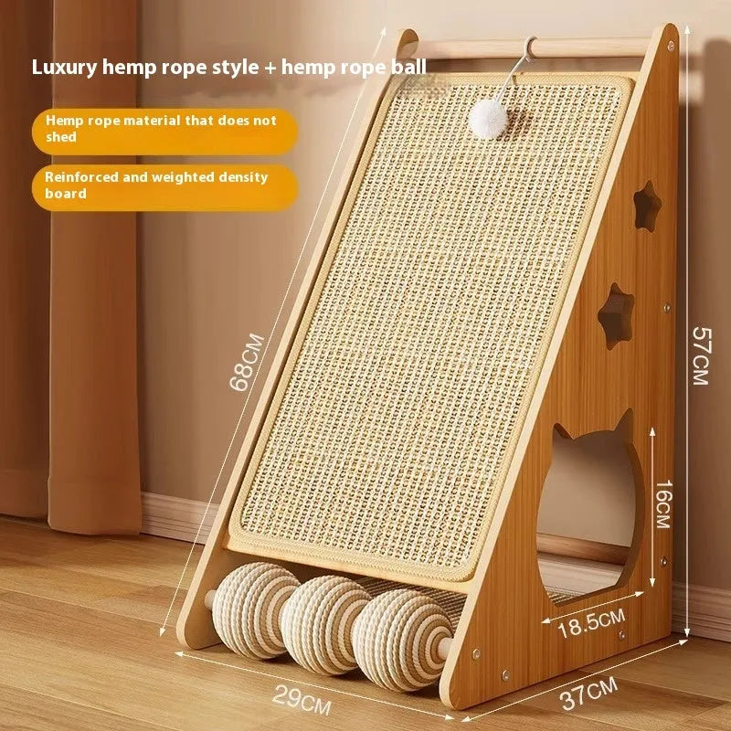 Vertical wall-mounted cat scratch board with sisal surface and a hemp rope ball toy.