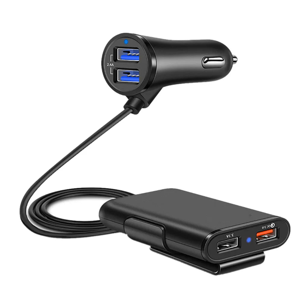 Fast charge car charger in black with blue LED light and white LED on extender