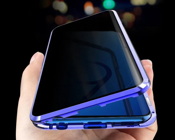 Black magnetic clamshell phone case for Samsung smartphones with glass construction and closed magnetic design