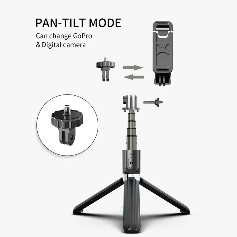 Black aluminium alloy iPhone tripod selfie stick fully extended to 700mm next to a smartphone.