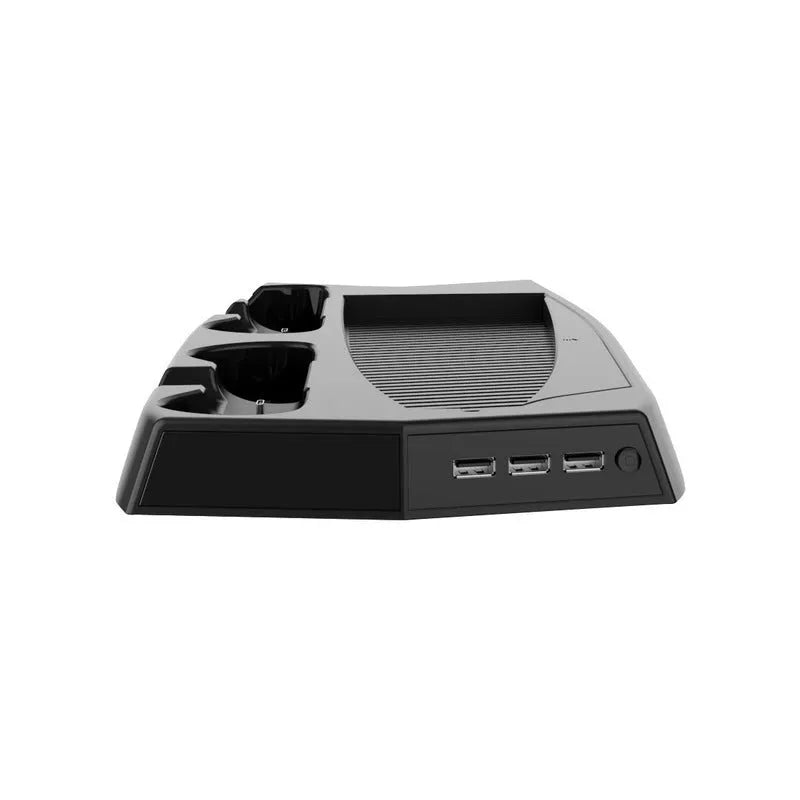 Black PS5 cooling and charging base station with two controller docks, USB ports, and a cooling fan.